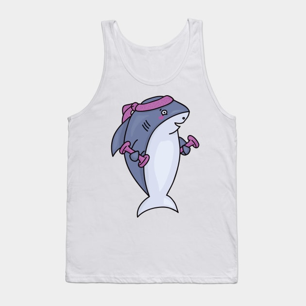 Funny Cartoon Fitness Shark with Dumbbells Tank Top by XOZ